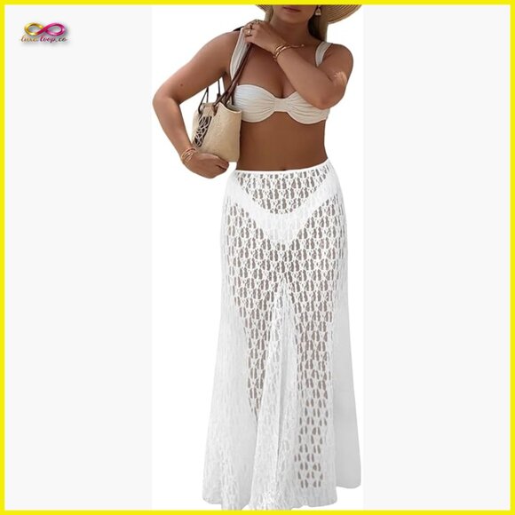 Lace Maxi Skirt Sheer High Waist A Line Flowy Y2K Beach Cover Up